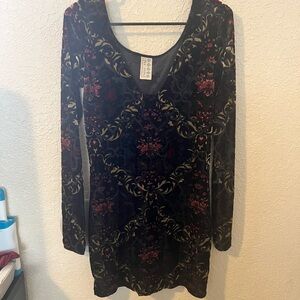 Free People Black Velvet Long Sleeve Dress with Burgundy Floral